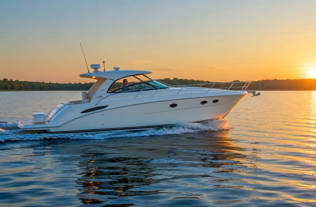 Cabin cruiser on a lake at golden hour