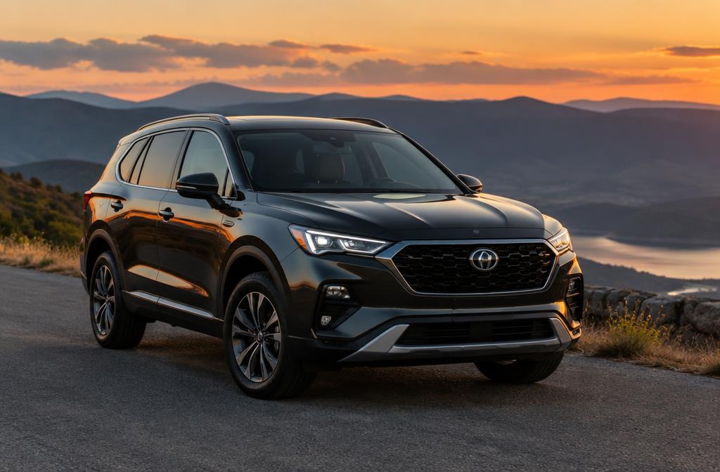 SUV on a mountain road at dusk