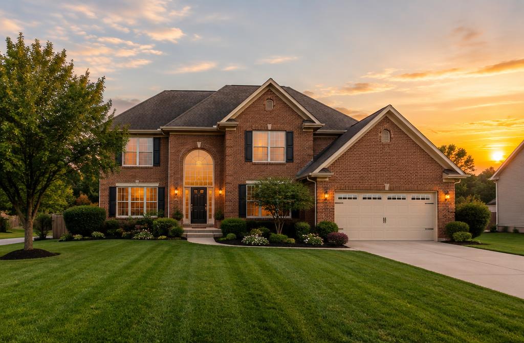 Two-story brick home at sunset